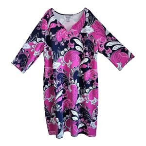 CATHERINES Women's Plus 4X 30 32 Dress Midi Paisley Pink Navy White 3/4 Sleeve